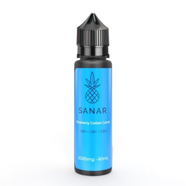 A 60mL bottle of Superior Blueberry Cotton Candy CBD Vape Juice, featuring a potent 2000mg strength and a balanced blend of CBD, CBC, and CBG for an all-encompassing wellness vaping experience.