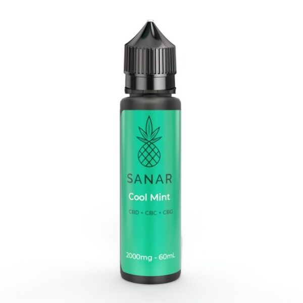 A 60mL bottle of Invigorating Cool Mint CBD Vape Juice, featuring a potent 2000mg strength and a balanced blend of CBD, CBC, and CBG for a revitalizing wellness vaping experience, free from cutting agents and preservatives.